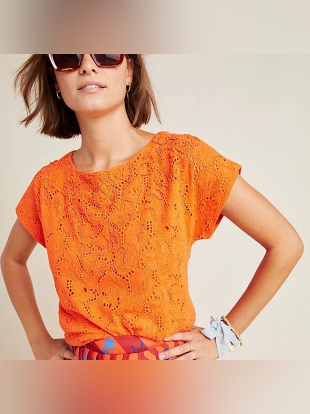 Maeve Anthropologie Karine Beaded Lace Eyelet Top Boho Cottage